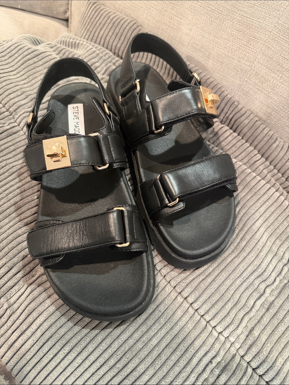 Leather  Madden Black Leather Buckle Sandals with Embossed Footbed,